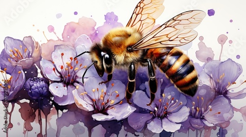 Bees collecting nectar from lavender flowers illustration. Sweet honey and bees drawing with paints. Honey advertising. Honey bees. Honey advertising concept. Generative AI.