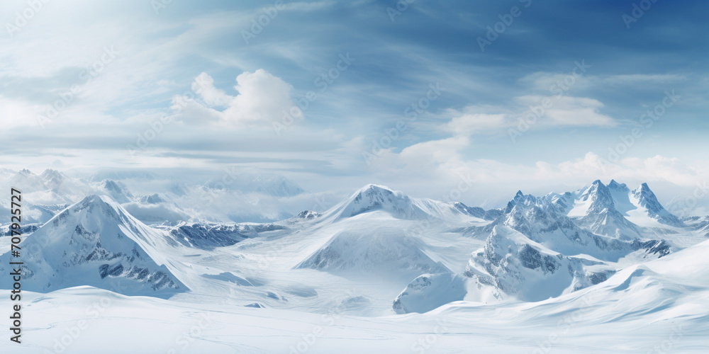 mountains in the snow,vast desolated snow land, big mountains in the background, snowfall with light blue sky and light blue colors, peaceful atmosphere, AI Generative ,Arctic Mountain Glacier Landsca