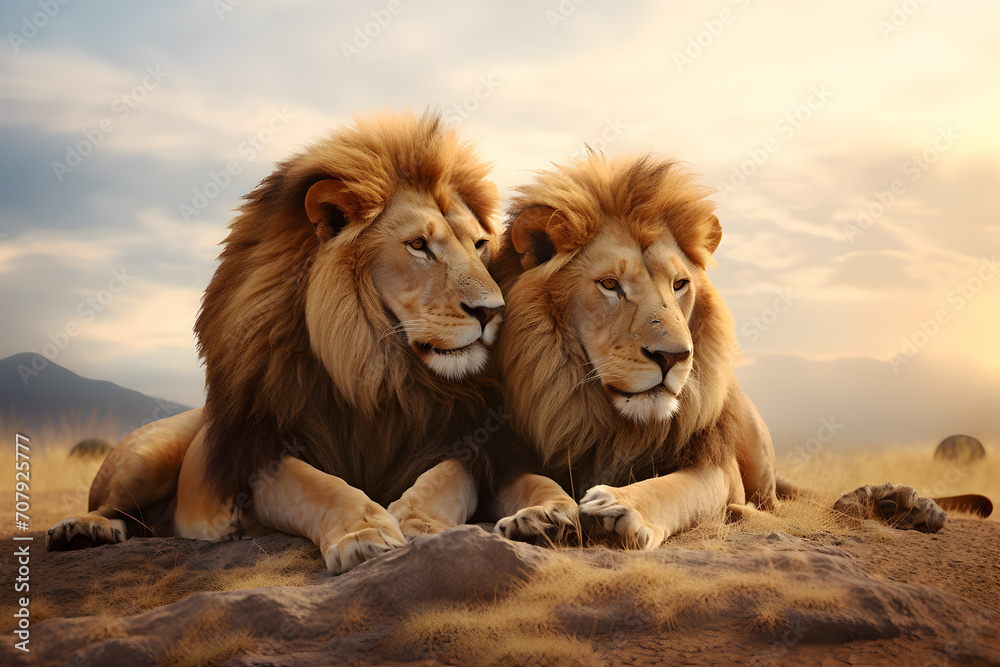 Two friendly lions sitting and snuggling Two friendly lions sitting and snuggling