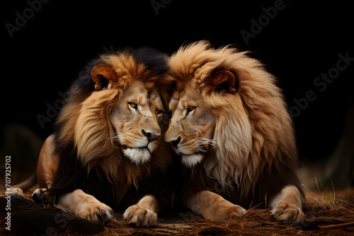 Two friendly lions sitting and snuggling © nali