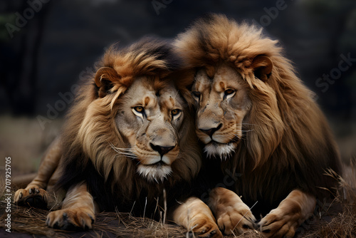 Two friendly lions sitting and snuggling