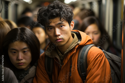 photo of a young man stuck in a delayed and overcrowded subway