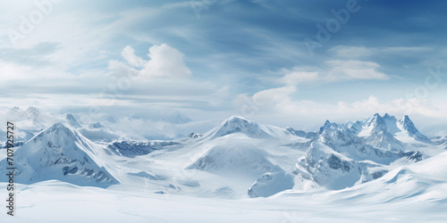 mountains in the snow,vast desolated snow land, big mountains in the background, snowfall with light blue sky and light blue colors, peaceful atmosphere, AI Generative ,Arctic Mountain Glacier Landsca
