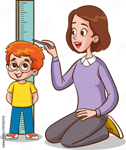 vector illustration of kids measuring height with mom