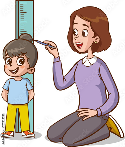 vector illustration of kids measuring height with mom