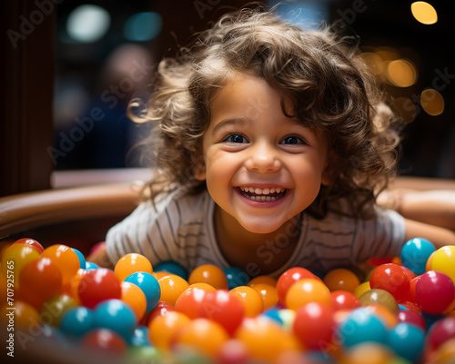 An adorable kid playing in a colorful ball