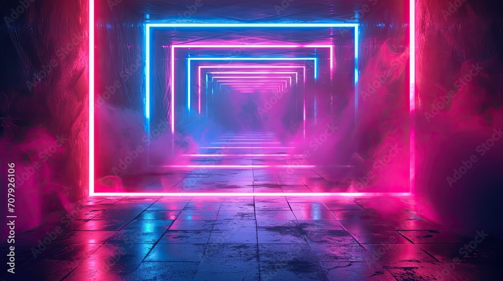 Tunnel made of geometric neon lights, pink and blue colors. Tunnel made of geometric neon lights, pink and blue colors.