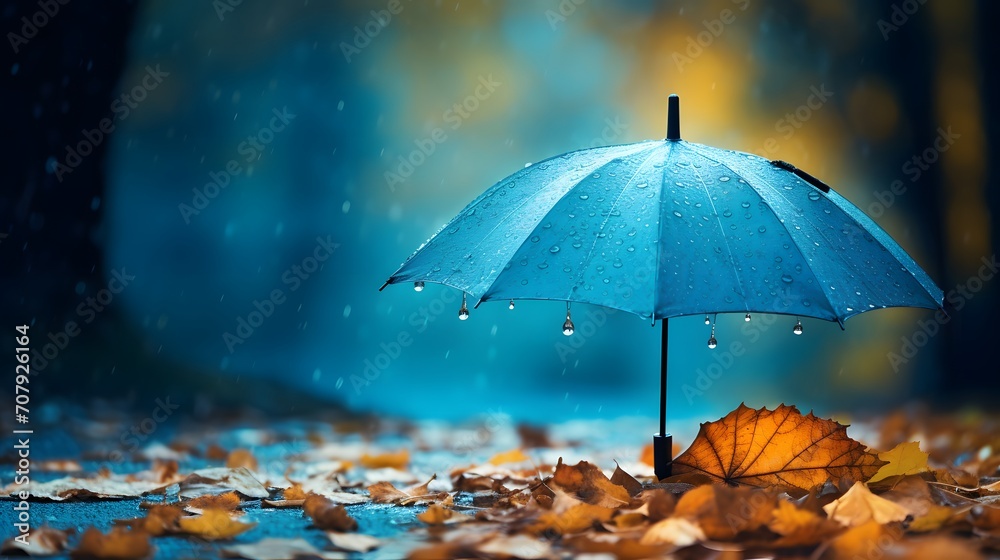 Autumn background with blue umbrella under rain against water drops splash. Rainy weather concept.
