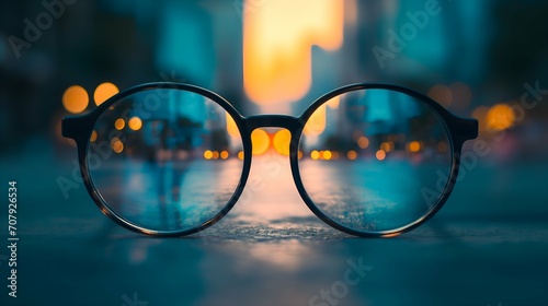 Glasses on the background of the city at night. Selective focus. © Henryz