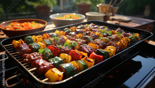 Grilled barbecue meat and vegetable skewers, a fresh summer meal generated by AI