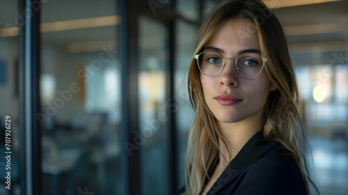 Portrait of beautiful young businesswoman wearing glasses in modern office.