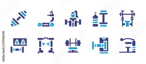 Fitness icon set. Duotone color. Vector illustration. Containing dumbbell, fitness, female fitness, vr fitness, online fitness, gym machine, treadmill.