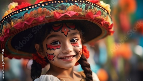 Smiling child in traditional clothing, cute and cheerful, looking at camera generated by AI