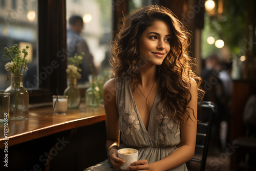 an Indian happy girl enjoying a cup of coffee in coffee cafe