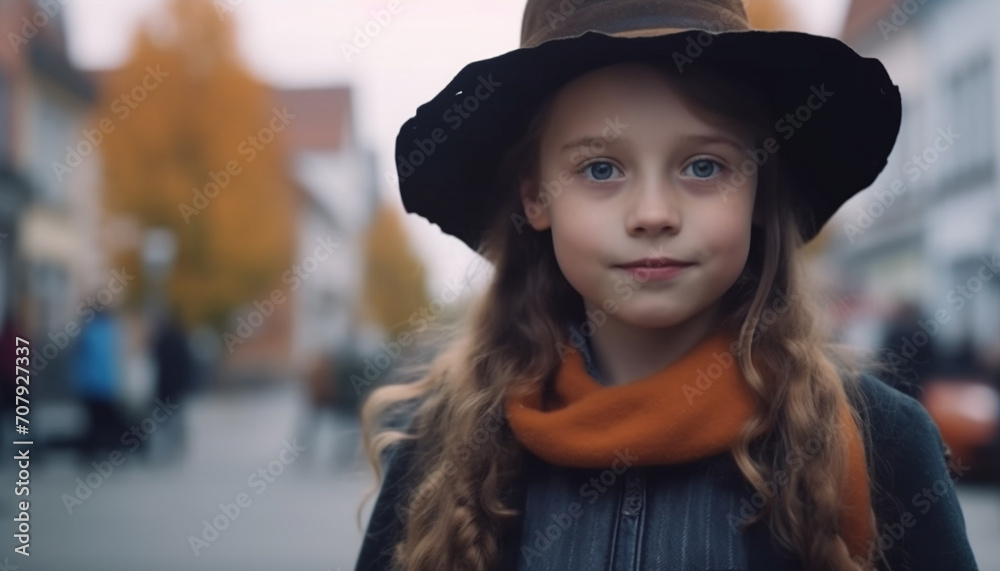 Smiling child in warm clothing, looking at camera, enjoying autumn generated by AI Smiling child in warm clothing, looking at camera, enjoying autumn generated by AI