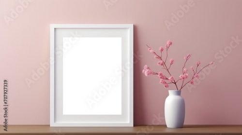 White photo frame mockup on pink wall background, blank poster template. Minimalistic interior table vase with flowers decor © OlgaChan