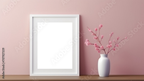 White photo frame mockup on pink wall background, blank poster template. Minimalistic interior table vase with flowers decor