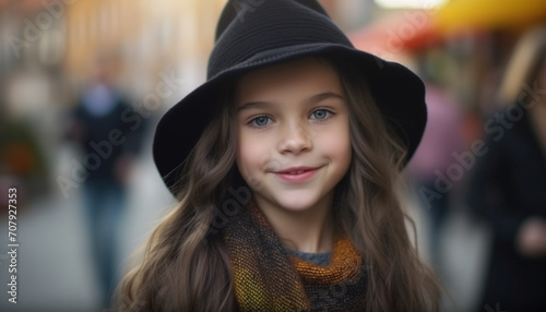 Smiling child outdoors, portrait of cheerful girl looking at camera generated by AI