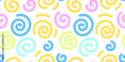 Multicolored spirals seamless pattern. Cute naive style hand drawn pattern. Bright light festive holiday seamless background.