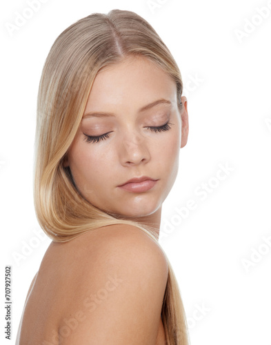 Woman, face and beauty with skincare in studio for glowing skin, wellness and dermatology on mock up. Model, person or confidence with cosmetics, collagen or keratin treatment on white background