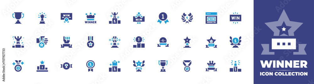Winner icon collection. Duotone color. Vector and transparent illustration. Containing trophy, winner, st place, win, pedestal, medal, award, podium, wreath, basketball.