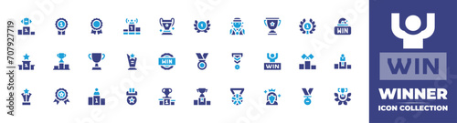 Winner icon collection. Duotone color. Vector and transparent illustration. Containing medal, laurel wreath, winner, trophy, podium, position, winning, first prize, win, goal.