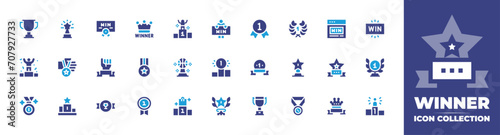 Winner icon collection. Duotone color. Vector and transparent illustration. Containing trophy, winner, st place, win, pedestal, medal, award, podium, wreath, basketball.