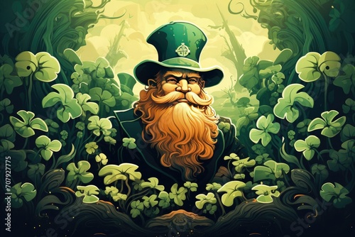 The Fabulous Leprechaun: Celebrating St. Patrick's Day. An adult old man in a green suit and hat with a orange beard on the background of a fabulous forest, lots of clover leaves. photo