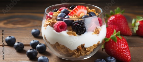 Healthy breakfast with yogurt, granola, and mixed berries.
