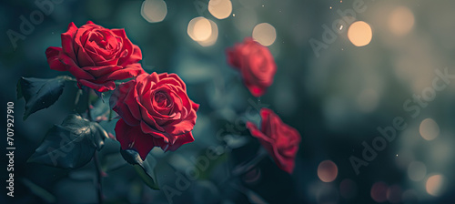 Close-up of red roses on a dark background. Valentines Day  wedding day background