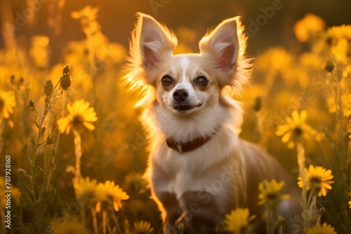 Chihuahua dog sitting in meadow field surrounded by vibrant wildflowers and grass on sunny day ai generated