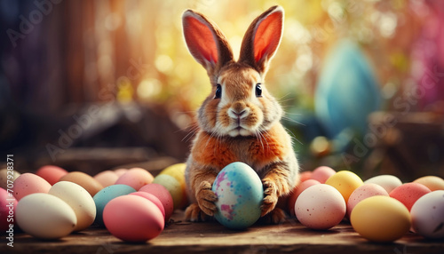 Cute Easter bunny with Easter eggs. AI generated