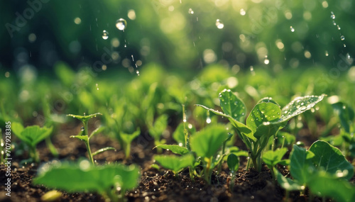 Watering green lettuce plants in the field. AI generated