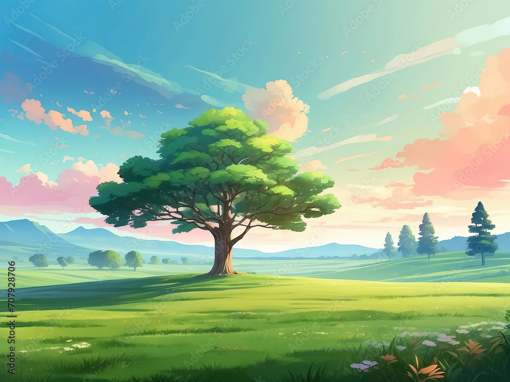 landscape with green meadow and big tree. Generative Ai