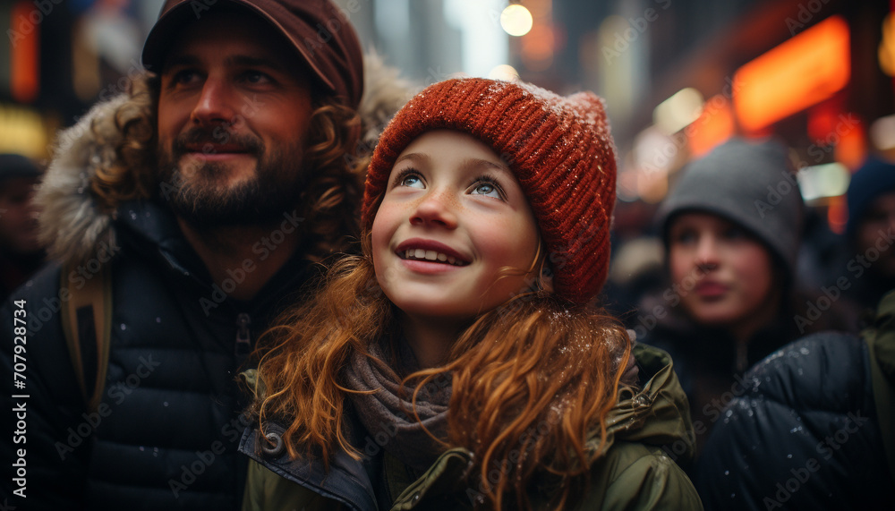 Smiling couple embraces outdoors, enjoying winter vacation with family generated by AI