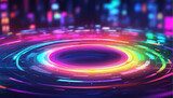 Neon circles abstract background, techno futuristic template. Generative Ai