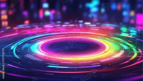 Neon circles abstract background, techno futuristic template. Generative Ai