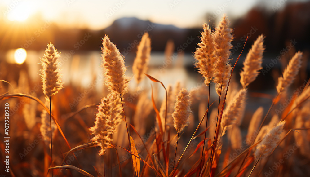 Sunset over a rural farm, meadow glowing with golden wheat generated by AI Sunset over a rural farm, meadow glowing with golden wheat generated by AI
