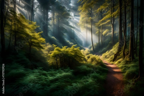 A picturesque hiking trail cutting through a dense forest, with the morning mist hovering above the treetops and a clear blue sky overhead. © Resonant Visions