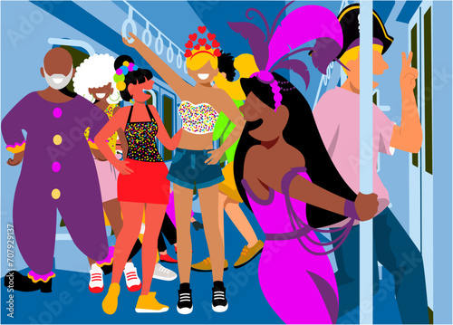 Brazilian Carnival - Diversity - Costumed Revelers on Public Transportation