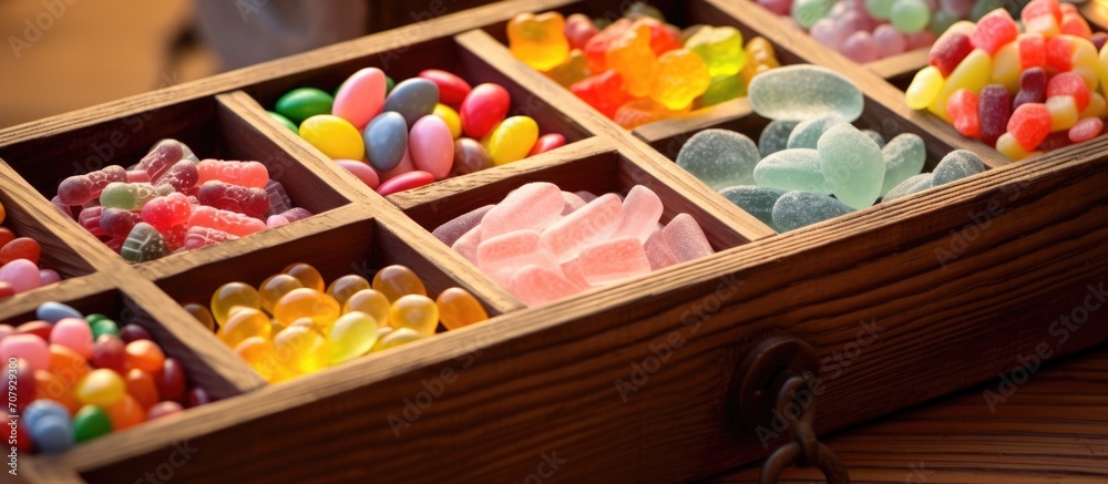 Fototapeta premium Various flavor-filled candies in a wooden container.