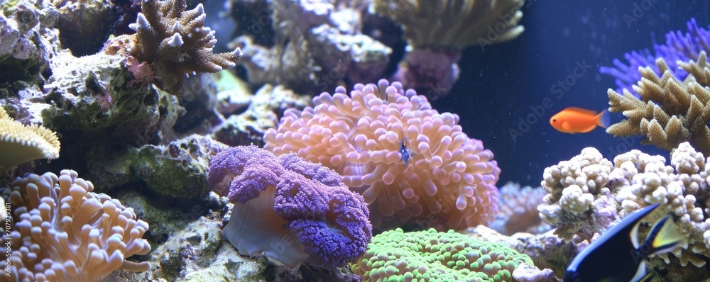 Fototapeta premium Underwater view of tropical coral reef with fishes and corals. Beautiful marine life, abstract natural background, gorgeous coral garden underwater, tropical. beauty of wild natu