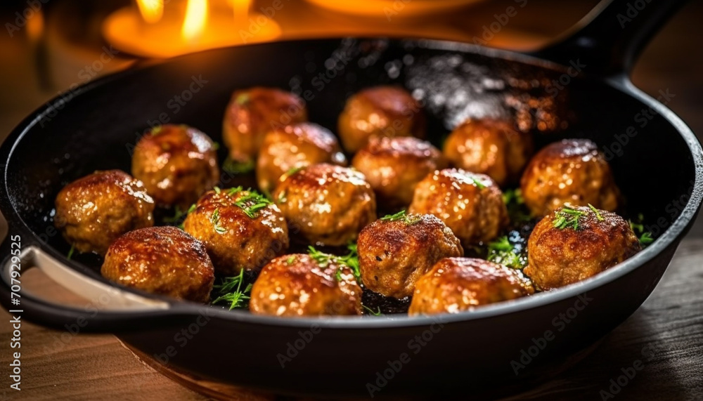 Rustic homemade meatball cooked in cast iron pan, healthy gourmet generated by AI Rustic homemade meatball cooked in cast iron pan, healthy gourmet generated by AI