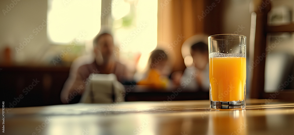 A glass of orange juice on a table with a blurred background A glass of orange juice on a table with a blurred background
