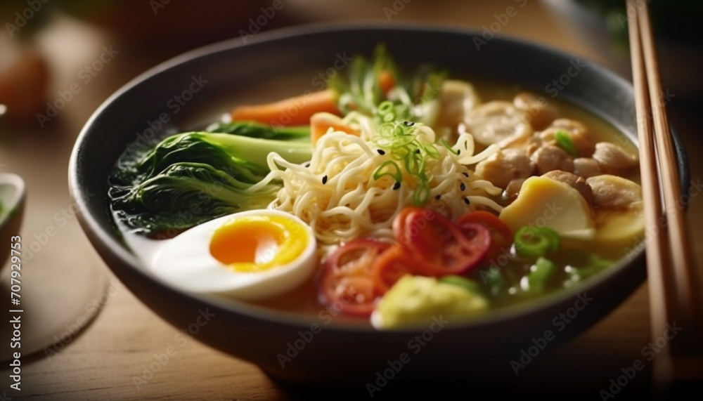 Fresh, healthy vegetarian meal with noodles, vegetables, and homemade sauce generated by AI Fresh, healthy vegetarian meal with noodles, vegetables, and homemade sauce generated by AI