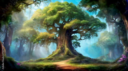 A beautiful fairytale enchanted forest with big trees and great vegetation. Digital painting background