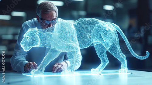 man looking at a 3D hologram of a big cat, probably a panther or a leopard, on a high-tech table in a dark room photo