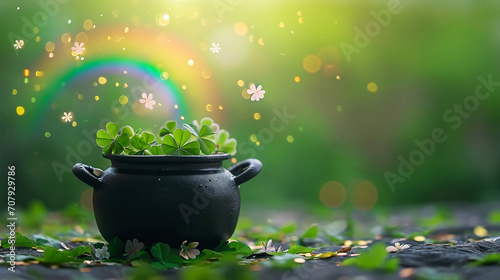 rainbow flying out of a black pot, clover, st. patrick's day