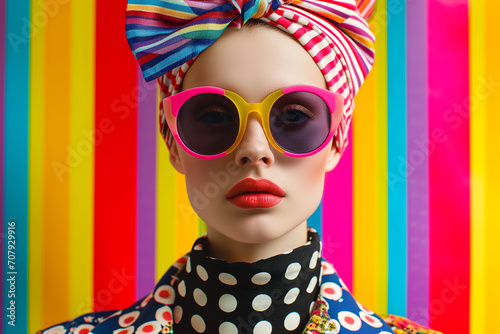 Banner Retro 1980s Woman in Colorful Neon Clothes with Sunglasses. Fashion retro futuristic woman wearing sunglasses. Futuristic pop art fashion girl with geometric pattern background. Fashion retro f