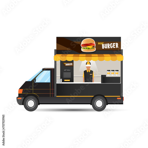 Fast Food Trailer with burger Isolated on white. Street food car, mobile kitchen,restaurant
